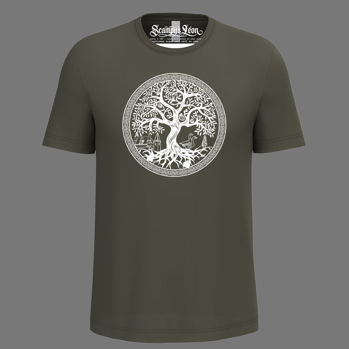 Arbre de Vie à entrelacs celtiques, oie et château de Saint-Léon — t-shirt sérigraphié main -ZG-