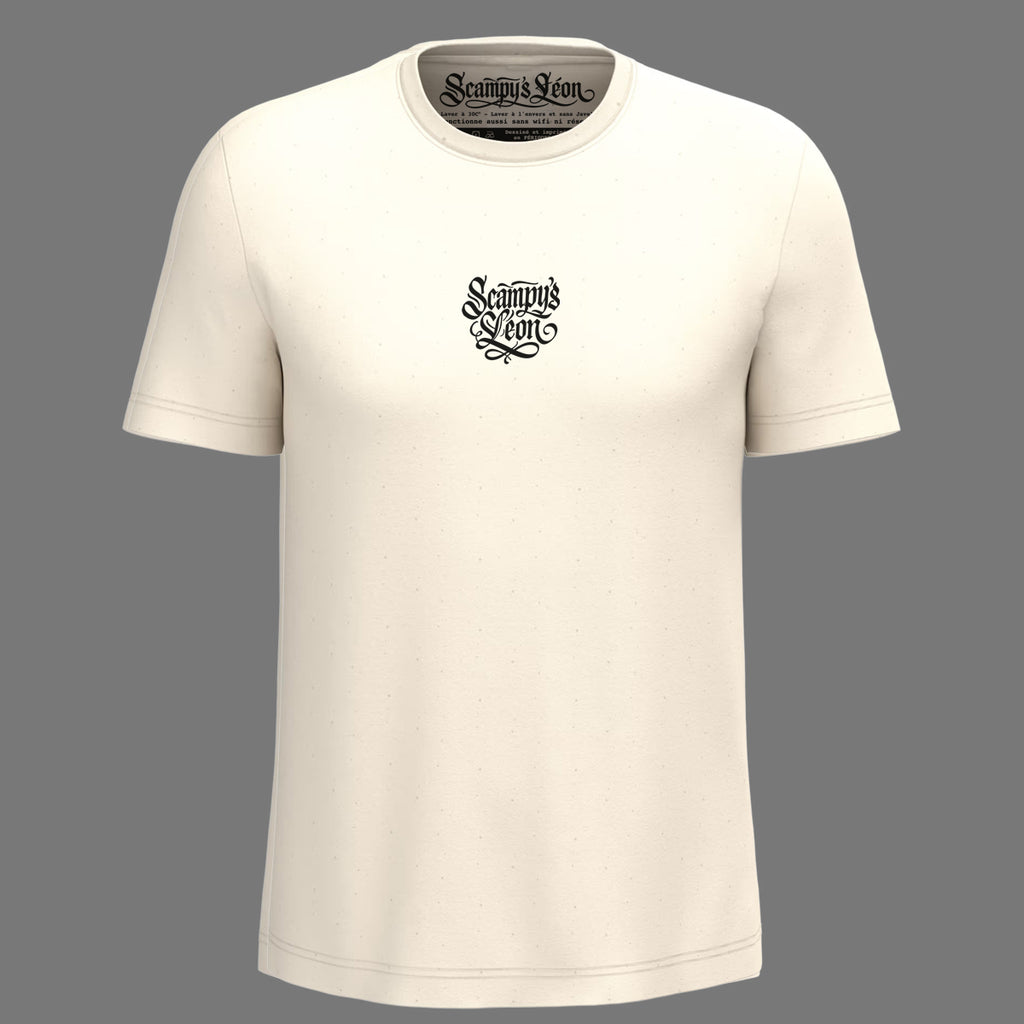Devant du t-shirt beige naturel : logo Scampy's Léon sérigraphié sur la poitrine