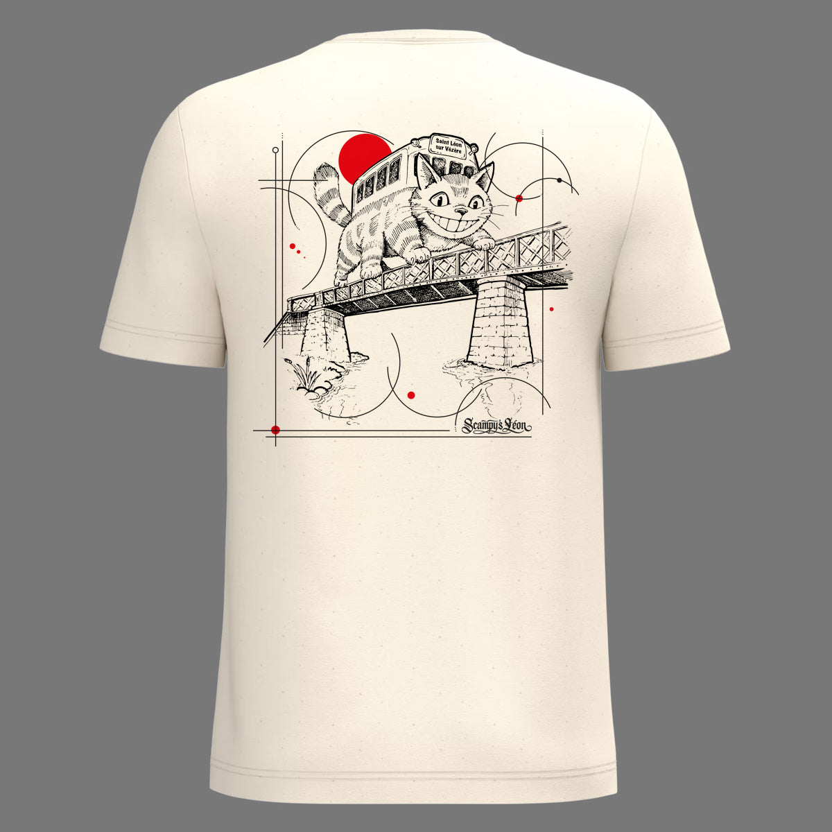Dos du t-shirt beige naturel : chatbus traversant le pont de fer de Saint-Léon-sur-Vézère sous un soleil rouge, illustration Scampy's Léon