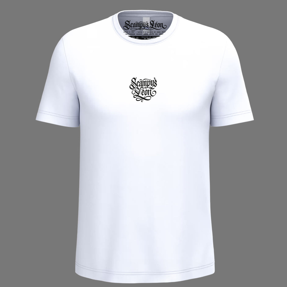 Devant du t-shirt blanc : logo Scampy's Léon sérigraphié sur la poitrine