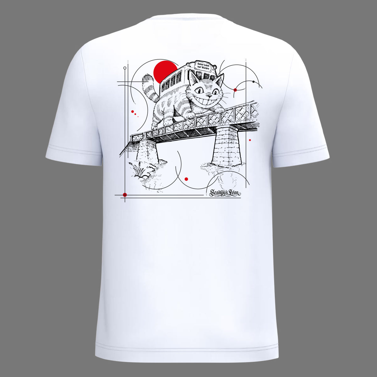 Dos du t-shirt blanc : chatbus sur le pont de Saint-Léon-sur-Vézère, illustration sérigraphiée Scampy's Léon