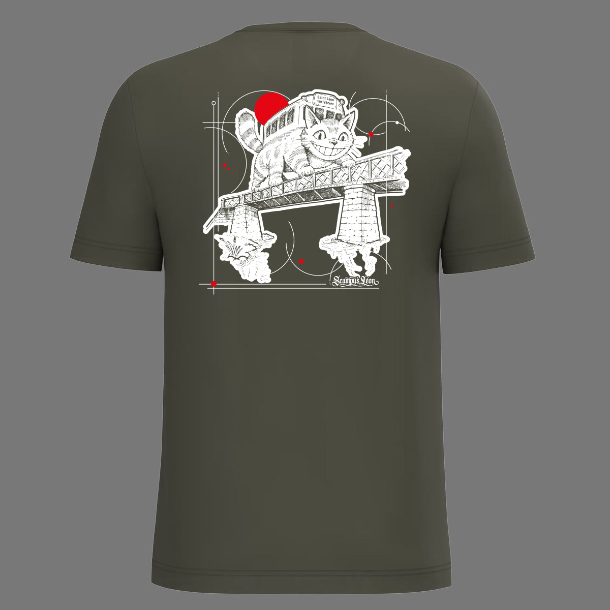 Dos du t-shirt kaki : chatbus sur le pont de Saint-Léon-sur-Vézère, illustration sérigraphiée Scampy's Léon