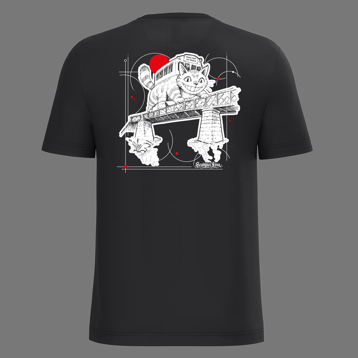 Dos du t-shirt noir : chatbus sur le pont de Saint-Léon-sur-Vézère, illustration sérigraphiée Scampy's Léon