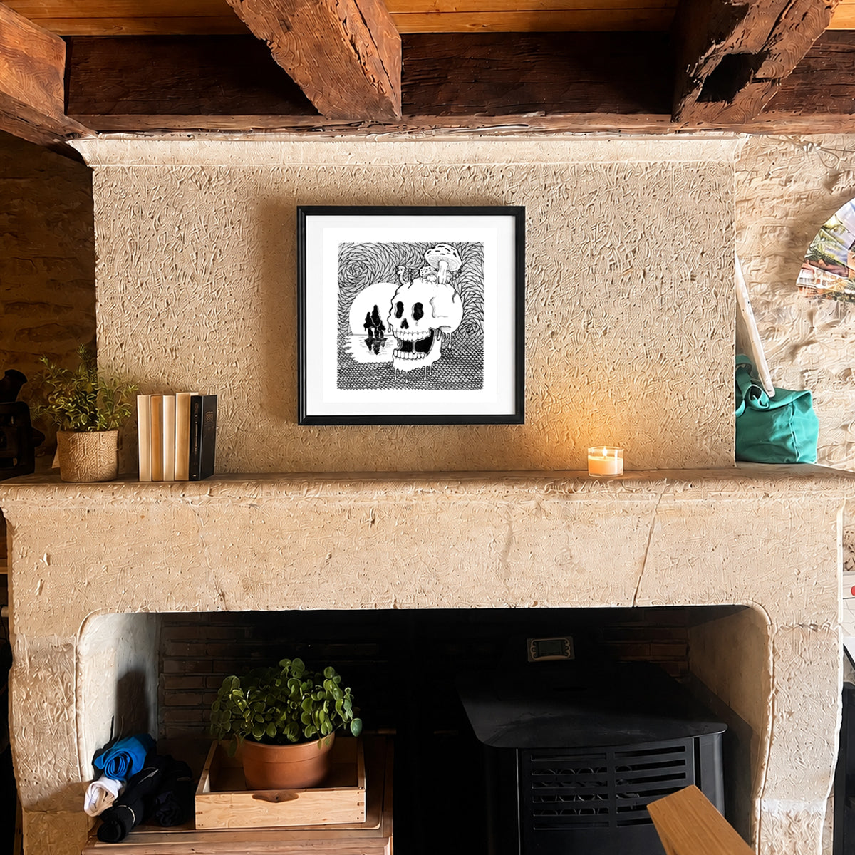 Crâne psychédélique, champignons et pleine lune à l'encre — reproduction d'art -ZG-