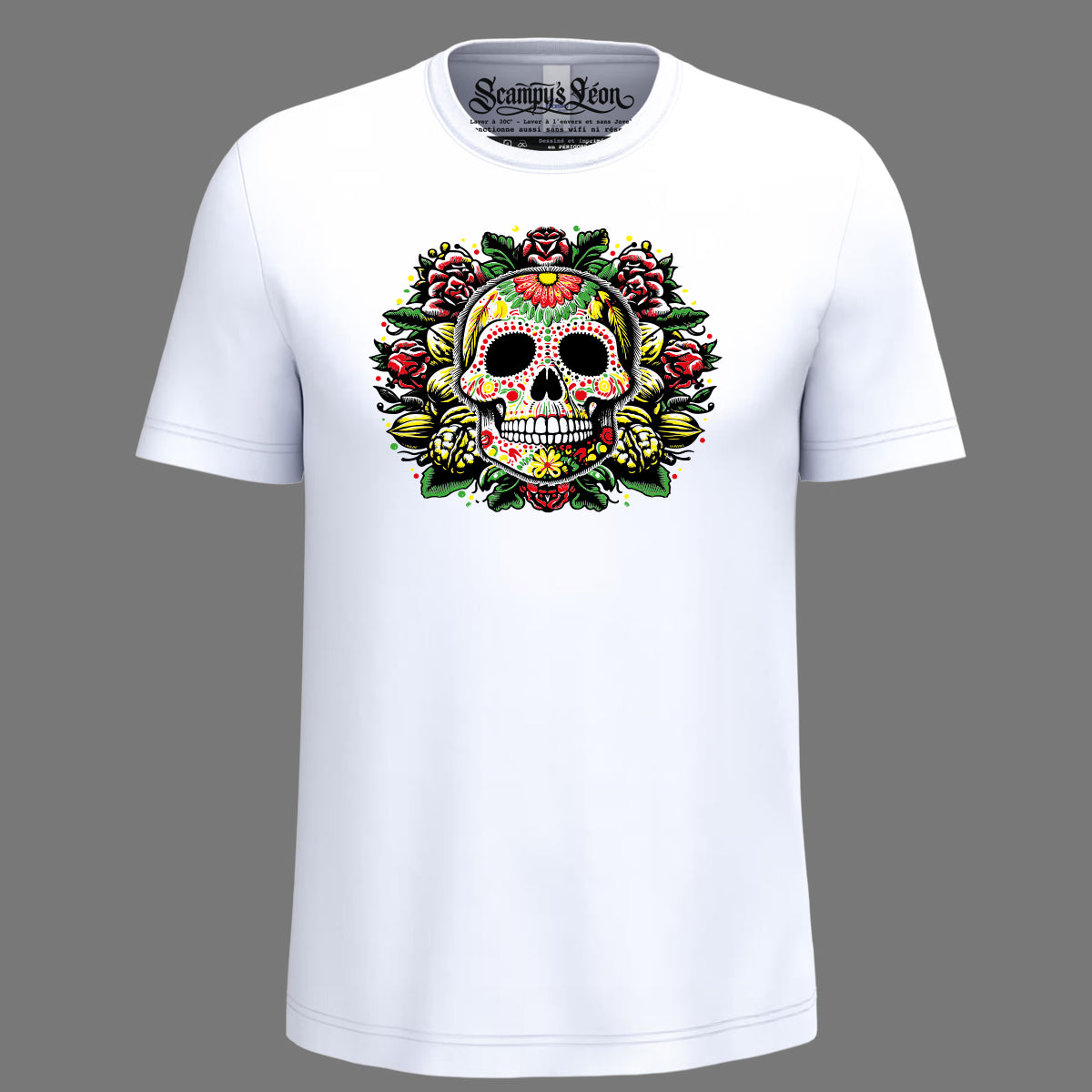 Crâne mexicain fleuri et noix du Périgord — t-shirt calavera sérigraphié main -ZG-