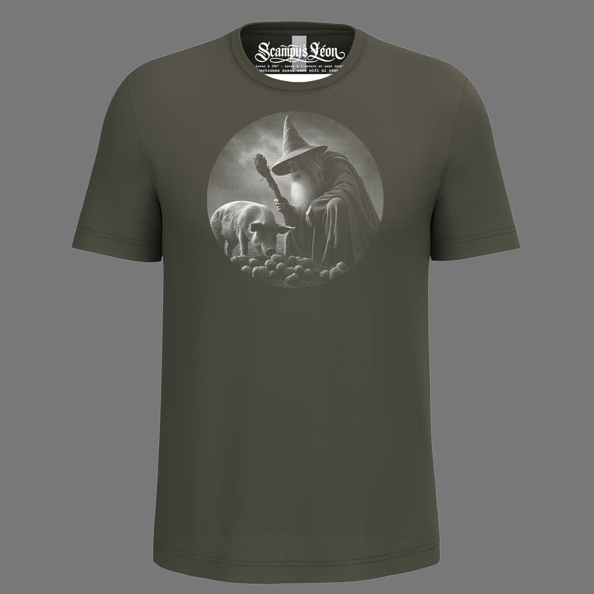 Sorcier et son cochon truffier à la chasse à la truffe — t-shirt sérigraphié main -ZG-, Périgord