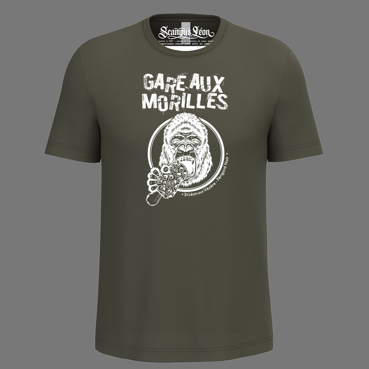 Gorille défendant son panier de morilles — t-shirt humoristique sérigraphié main -ZG-, Périgord Noir