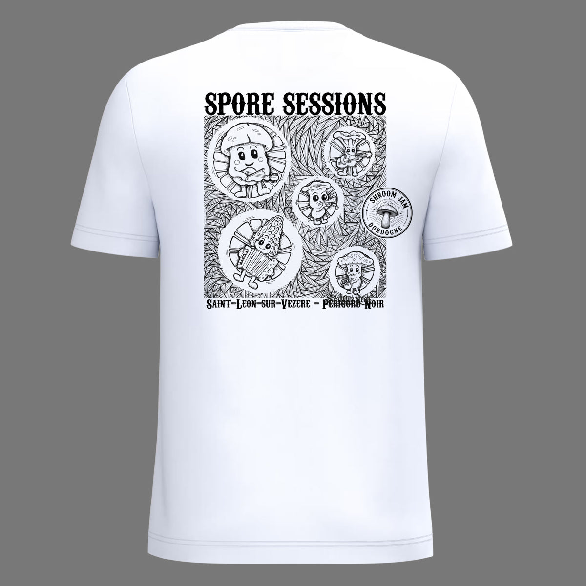 Champignons musiciens en concert, style affiche de festival — t-shirt sérigraphié main -ZG-, Dordogne